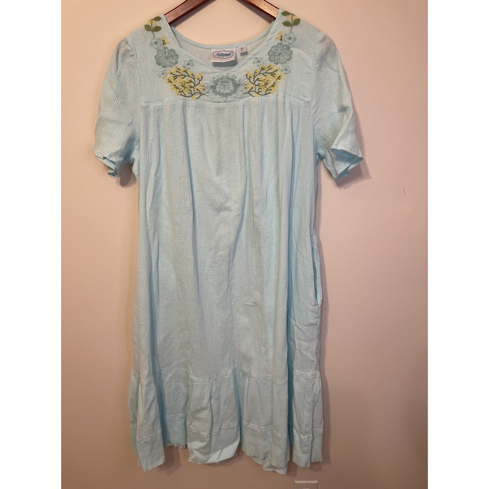 National house dress Muumuu xl Light Blue W/floral Embroidery